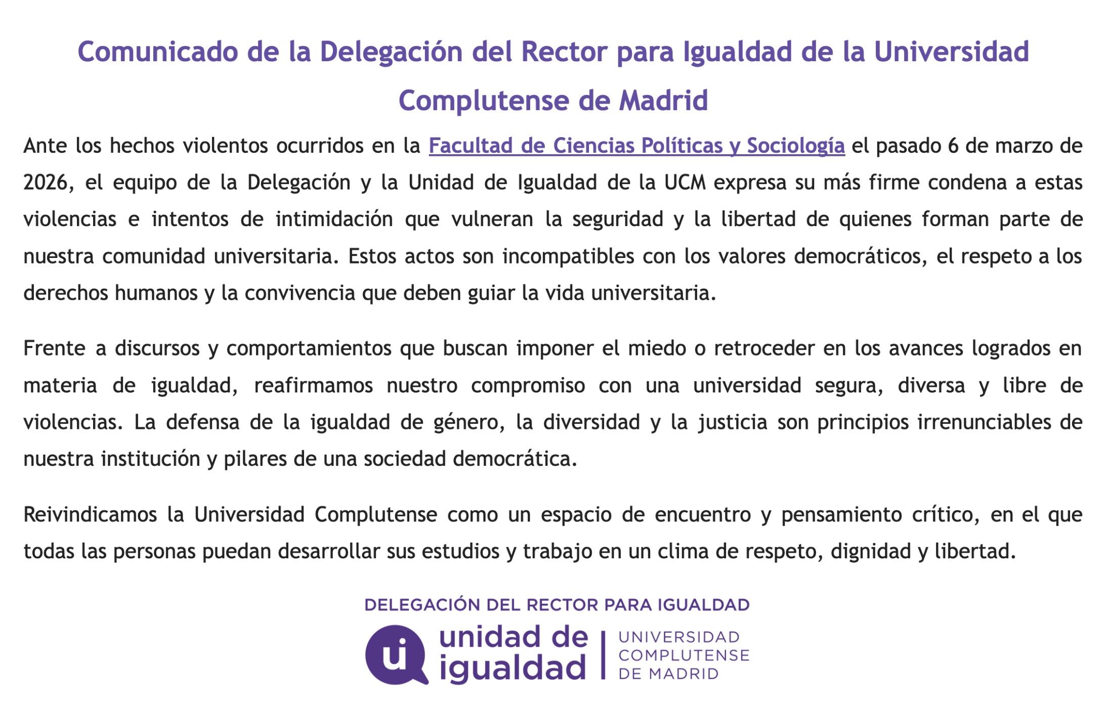 Comunicado de la Delegación del Rector para Igualdad de la Universidad Complutense de Madrid